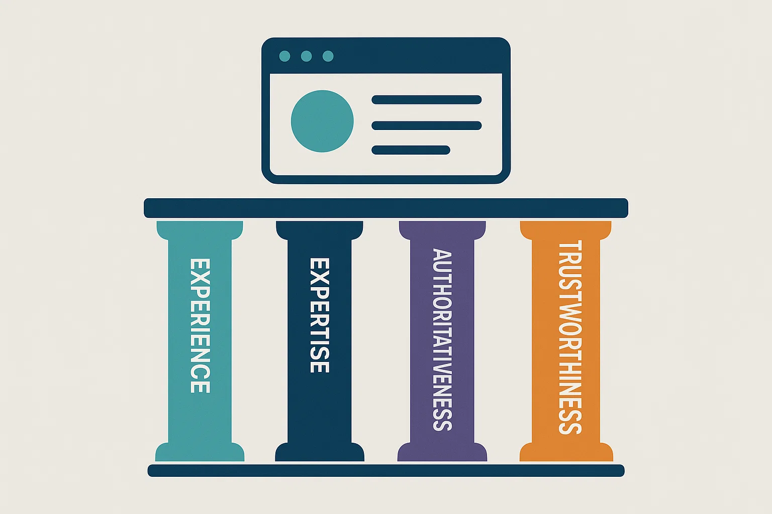 Four-pillar graphic showing Experience, Expertise, Authoritativeness, Trustworthiness.
