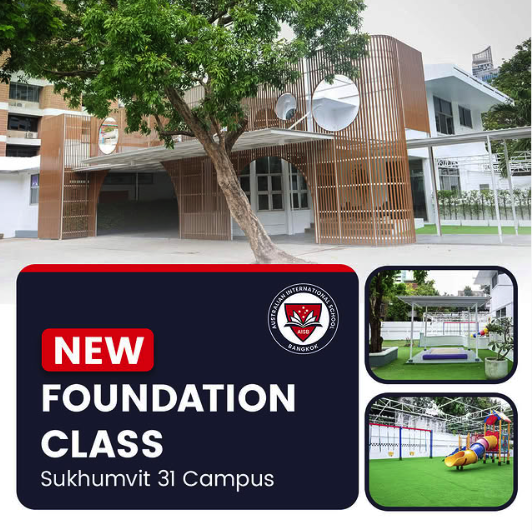 Facebook ad, New Foundation Class, Sukhumvit 31 Campus, with campus building and play areas