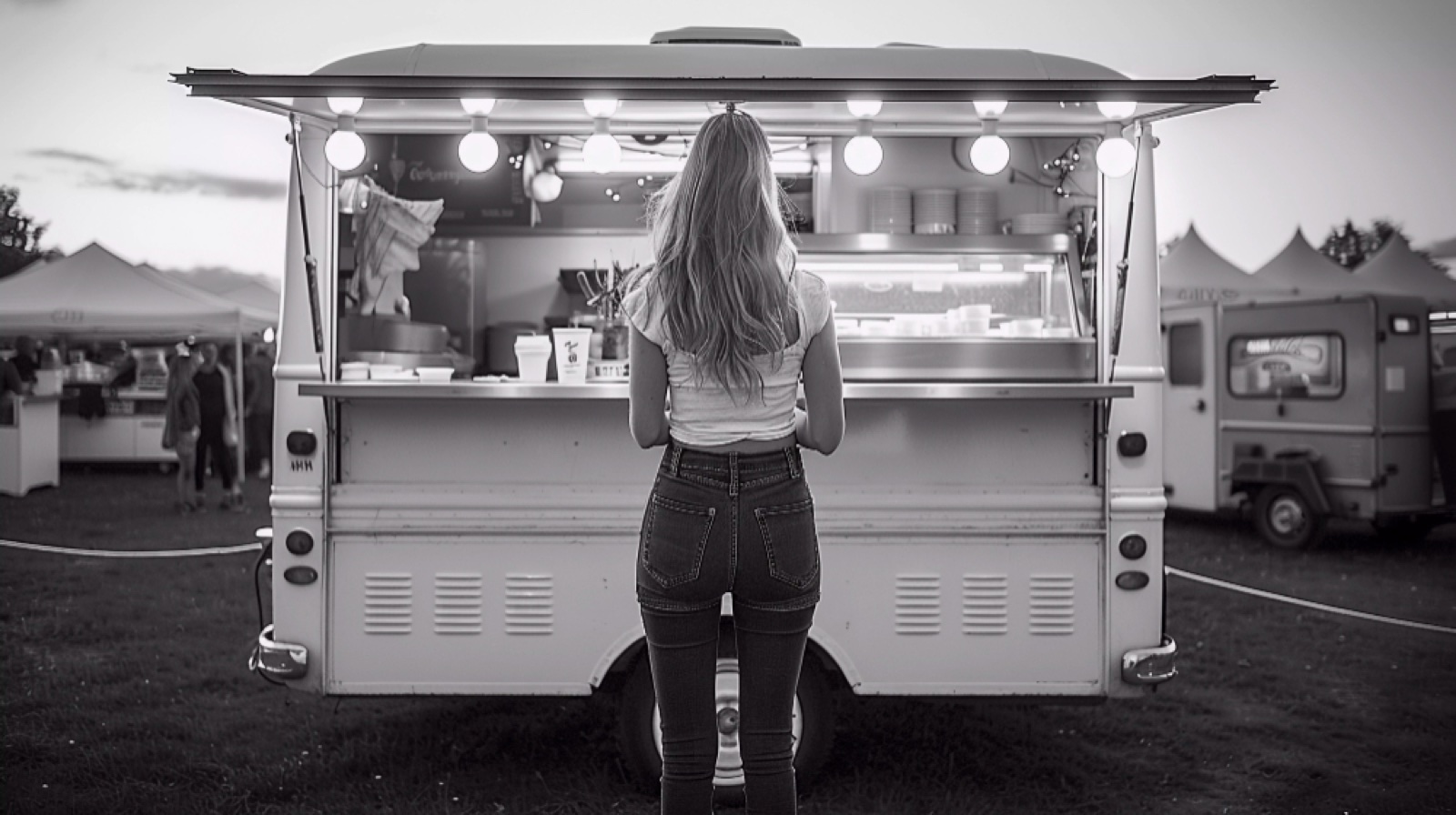 A moody black-and-white shot of a customer at a Bistro catering trailer