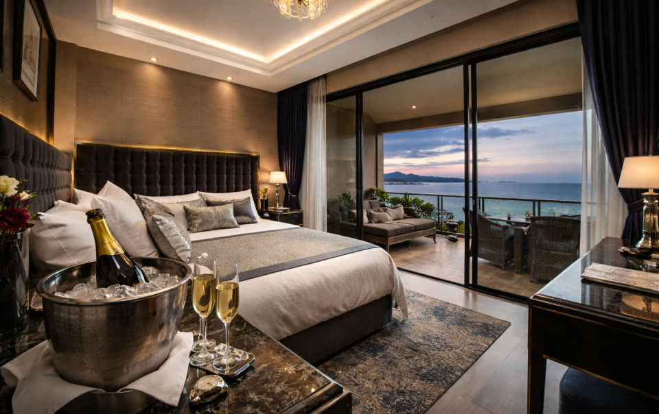 Suite interior with sea view balcony at Elysium Residences