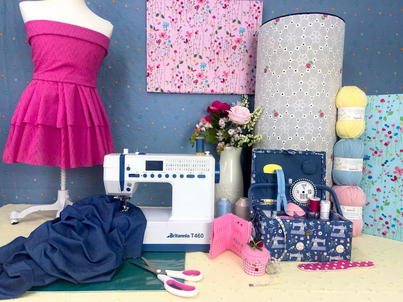 Interior of a Franklins haberdashery shop with fabrics and a sewing machine