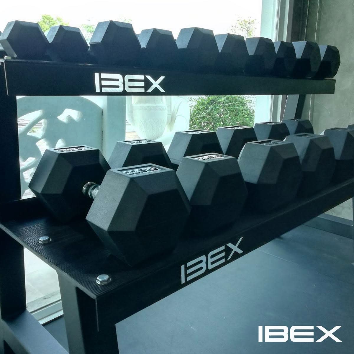 IBEX hex dumbbells lined up on a rack