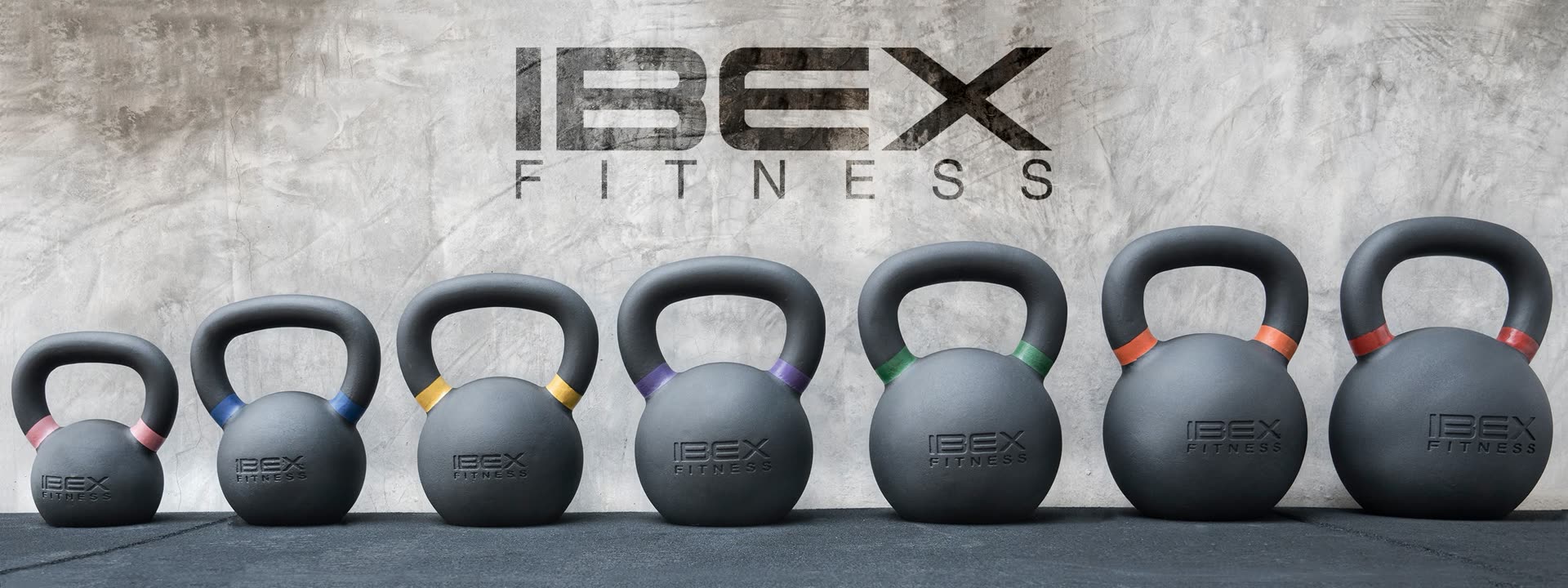 IBEX Fitness kettlebell range lined up beneath the brand logo