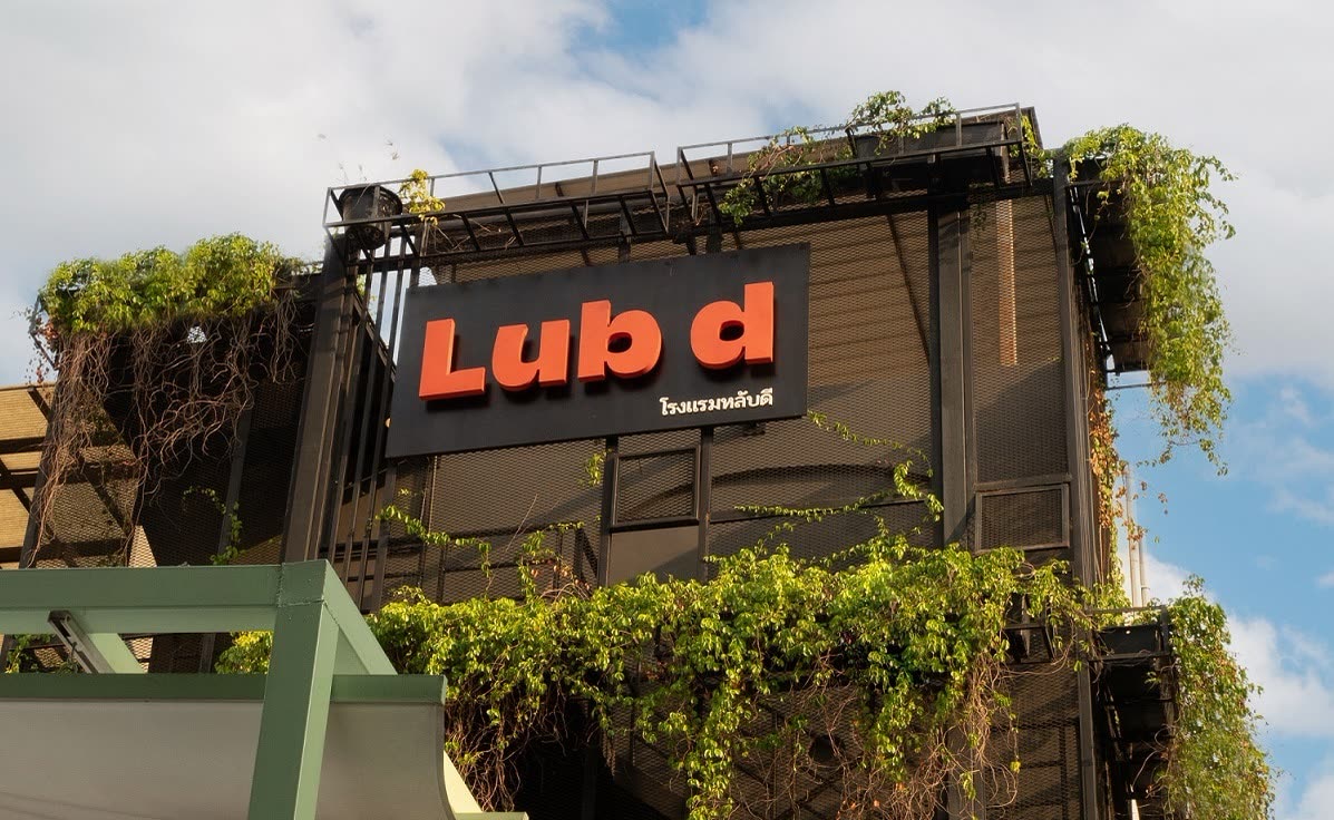 Lub d signage above the Bangkok hostel entrance
