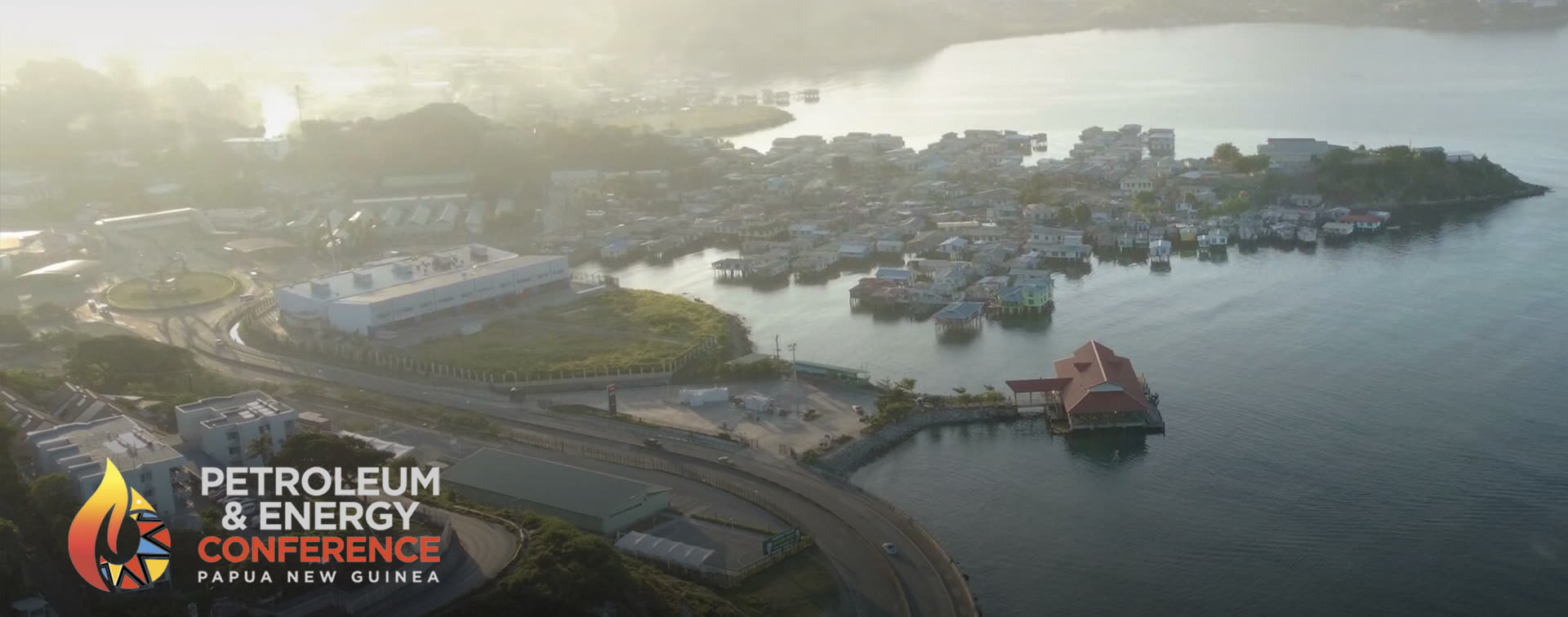 Port Moresby coastline with PNG Petroleum and Energy Conference branding