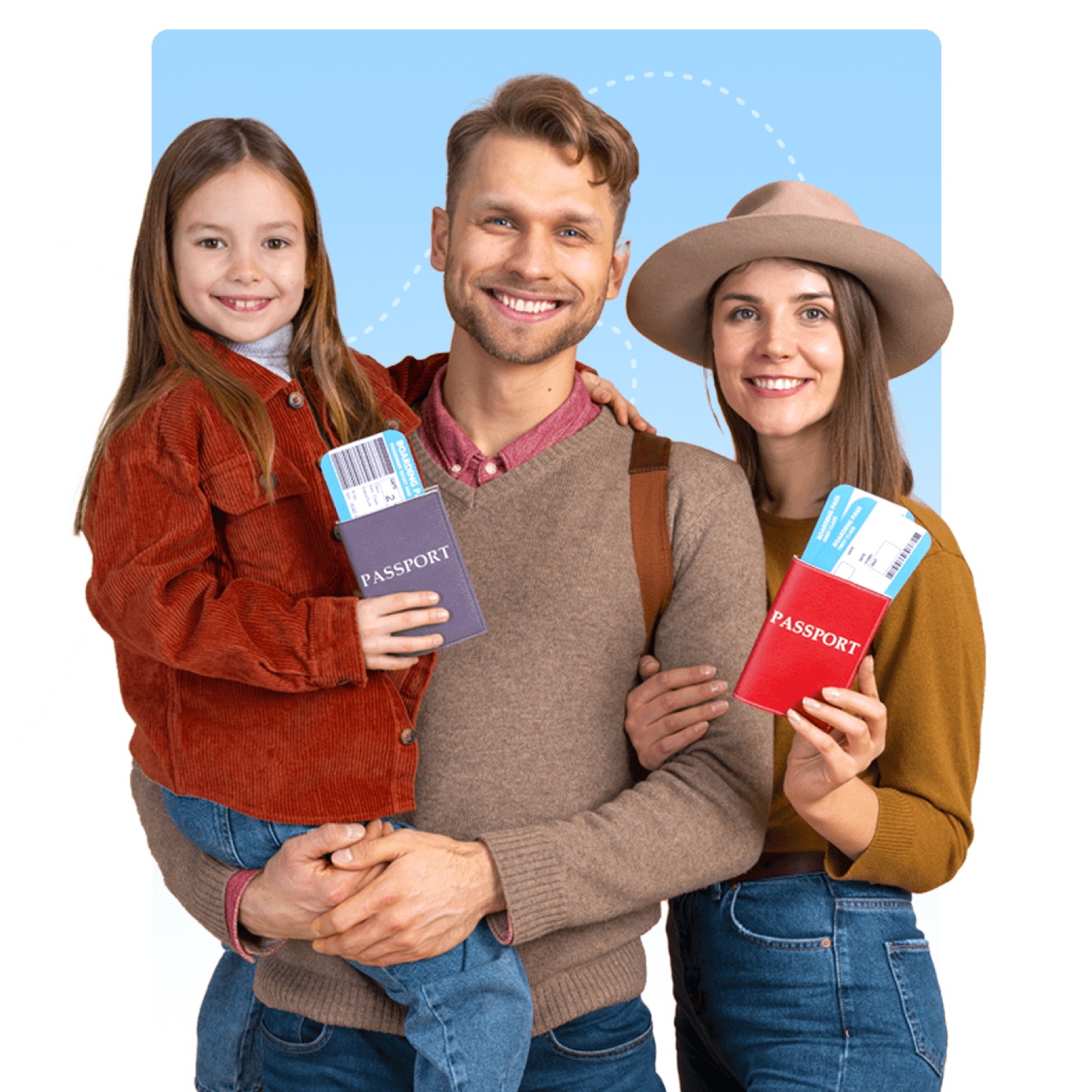 A family holding their passports