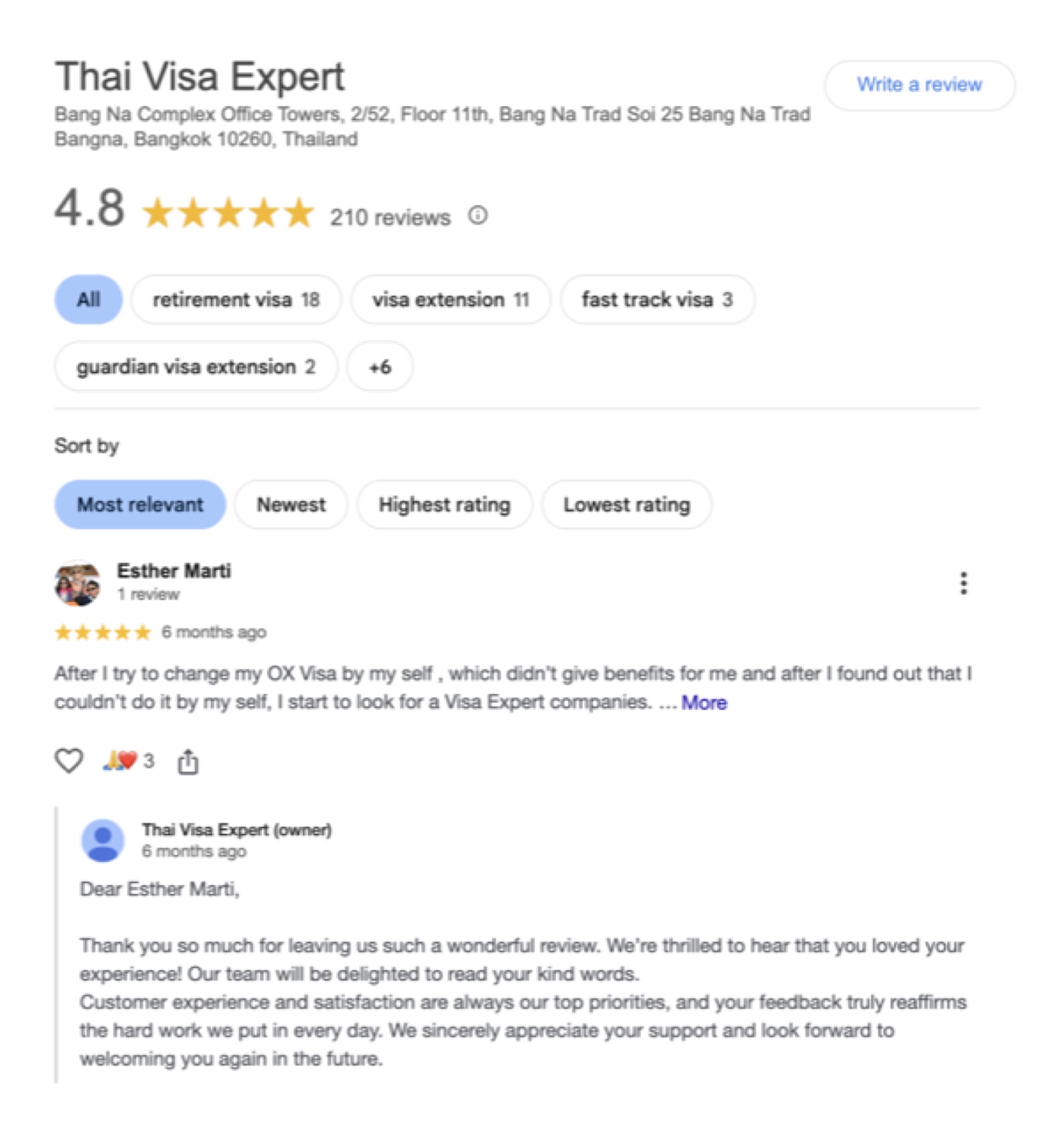 Thai Visa Expert Google reviews showing a 4.8 star rating