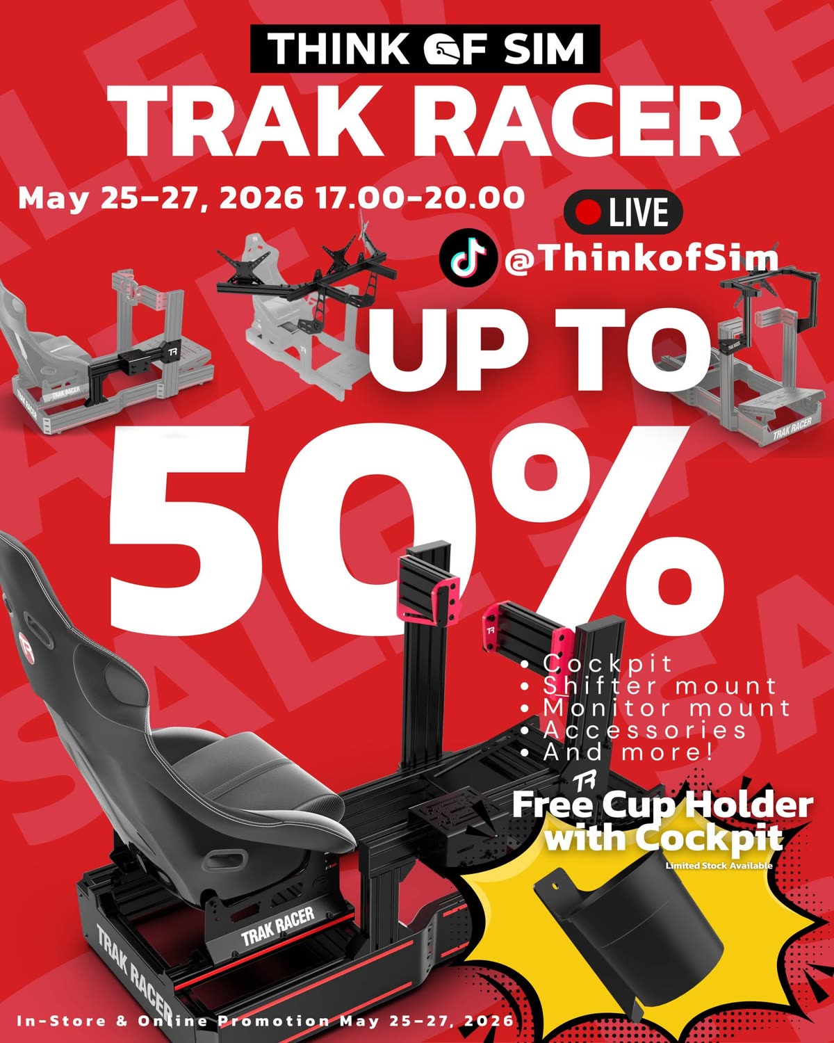 Think of Sim Trak Racer promotion, up to 50% off cockpits and accessories