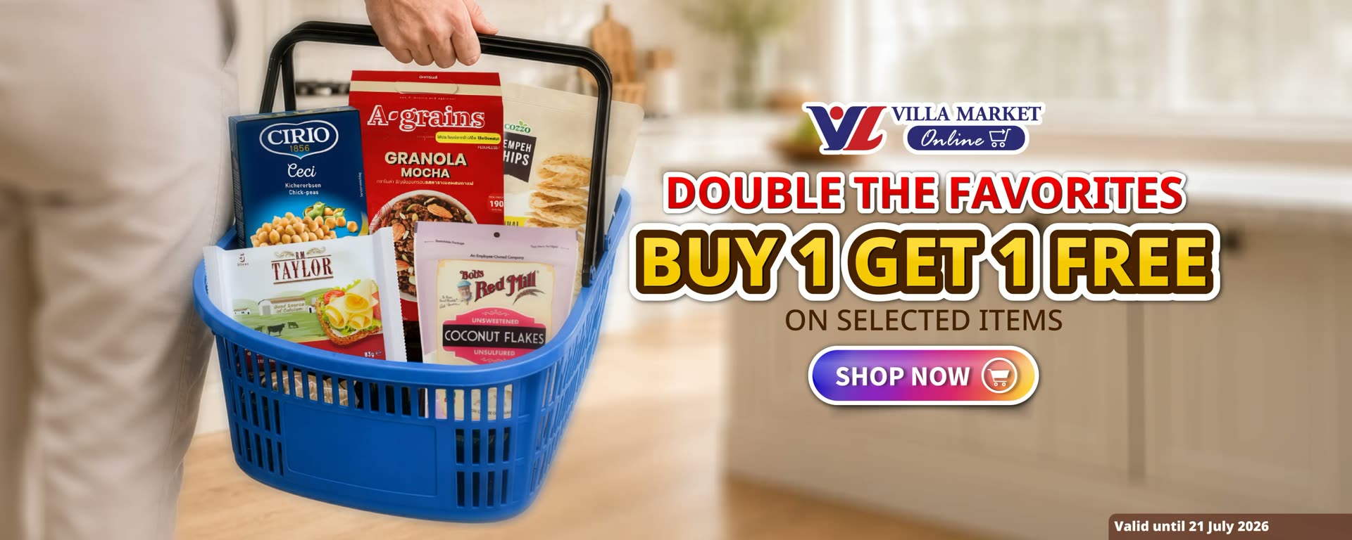 Shopper carrying a Villa Market basket filled with imported groceries, from the Villa Market Online buy-one-get-one promotion