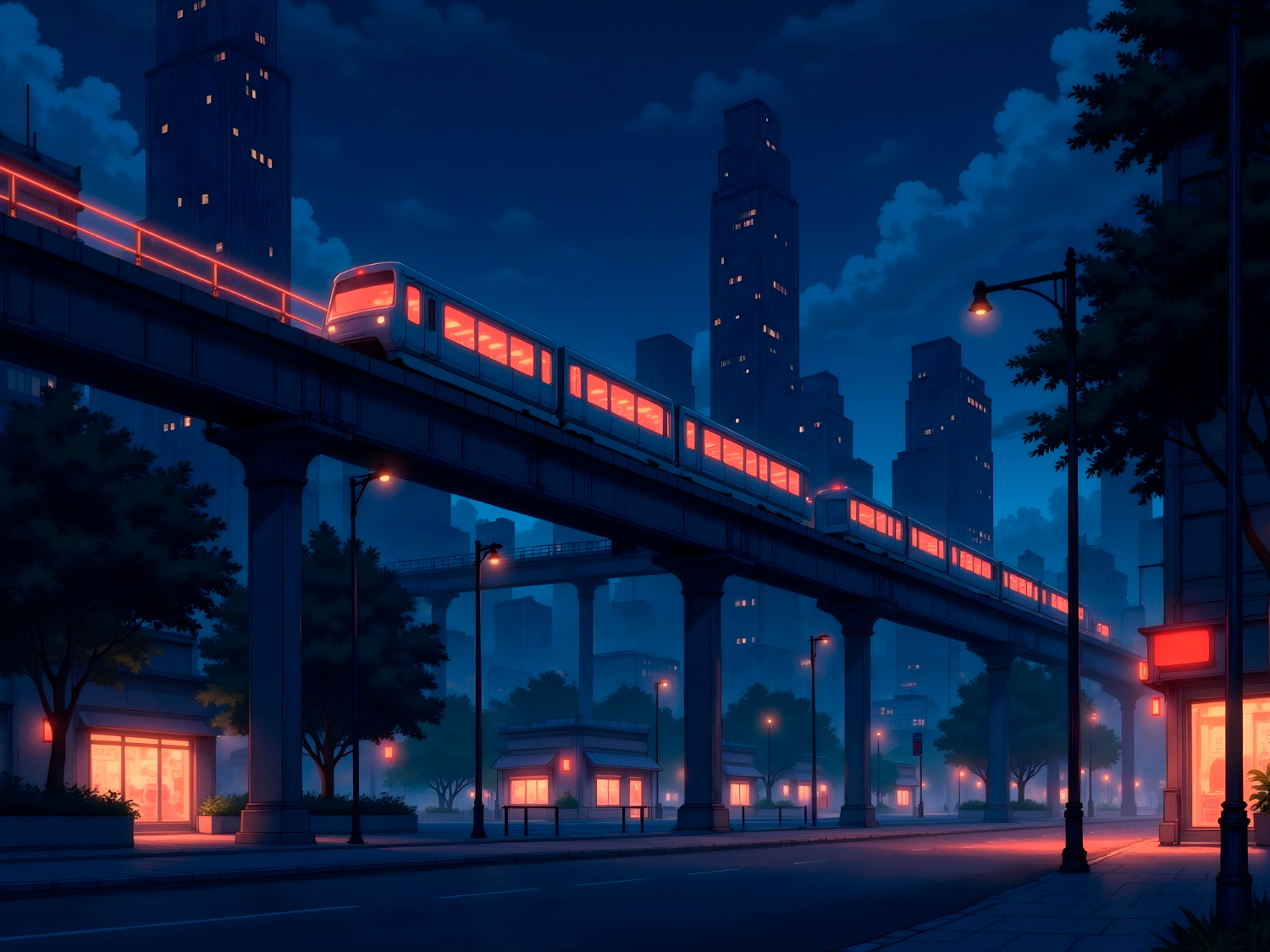 Bangkok night cityscape with elevated railway and train