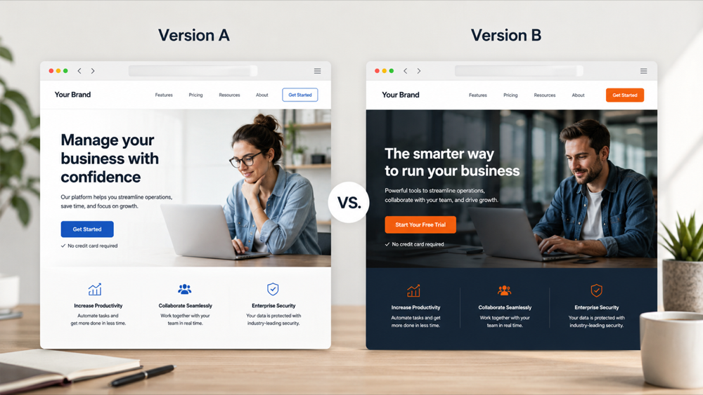 Diagram of A/B testing showing two side-by-side page variations, Version A and Version B, compared against a goal.