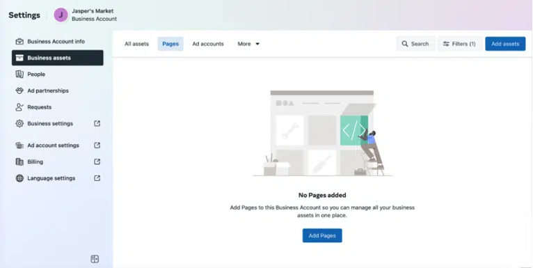 Business Manager Business Settings showing the Pages section with the Add button