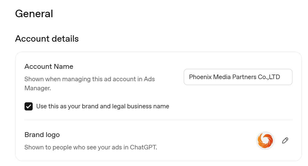 OpenAI Ads Manager account info page with account name and logo fields