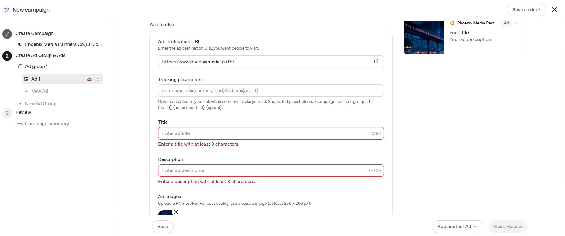 OpenAI Ads Manager ad editor with title, description and landing page URL fields