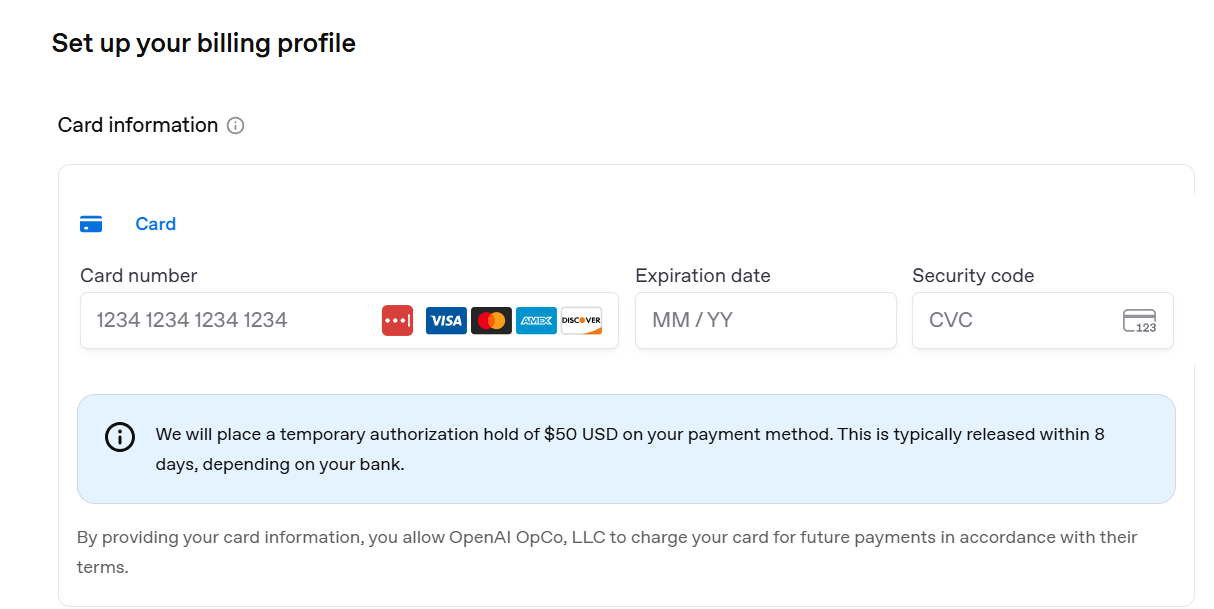 OpenAI Ads Manager billing profile and payment method setup screen