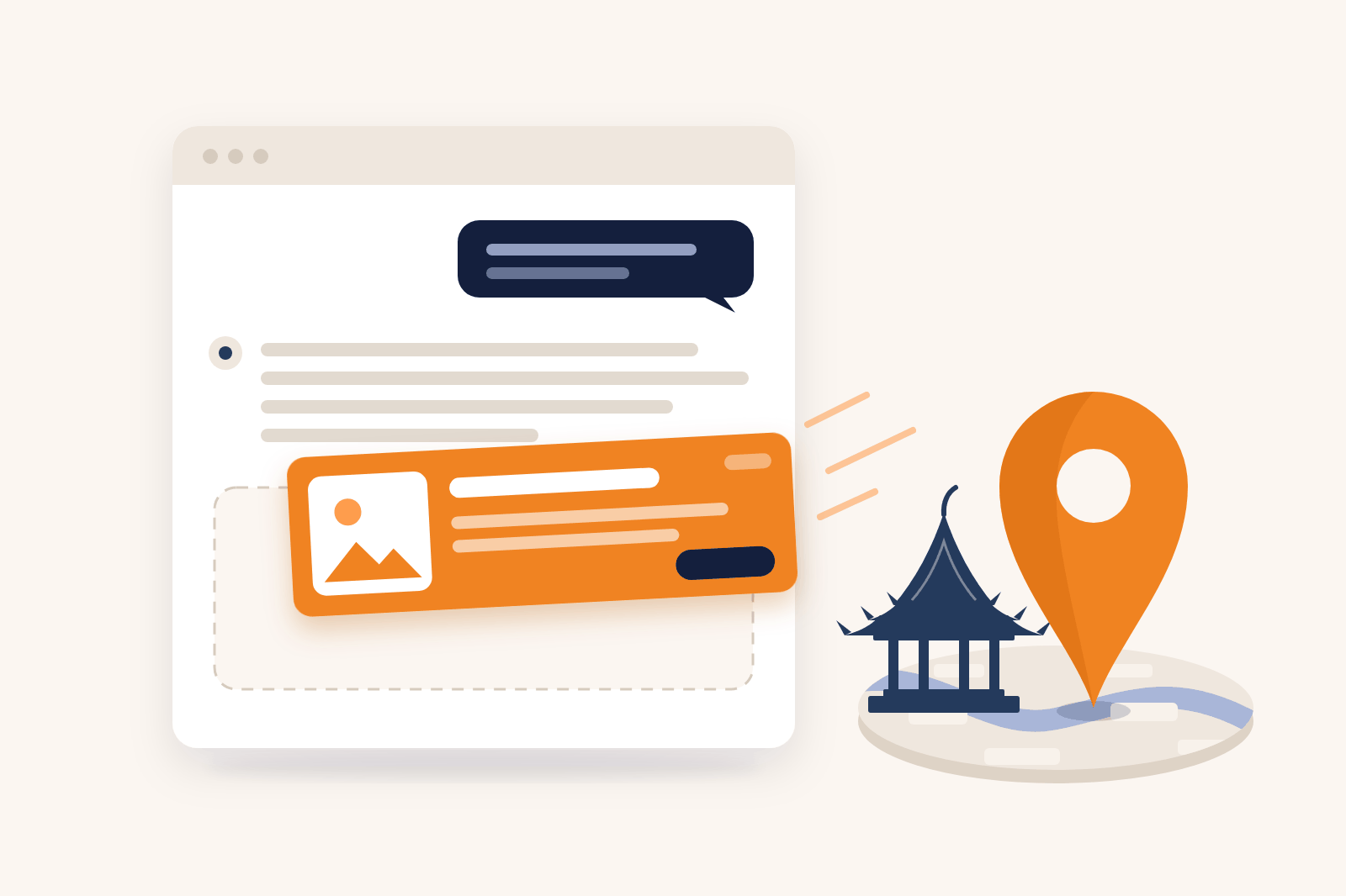 Illustration of a ChatGPT conversation with an ad card beside a map pin over a Thai temple