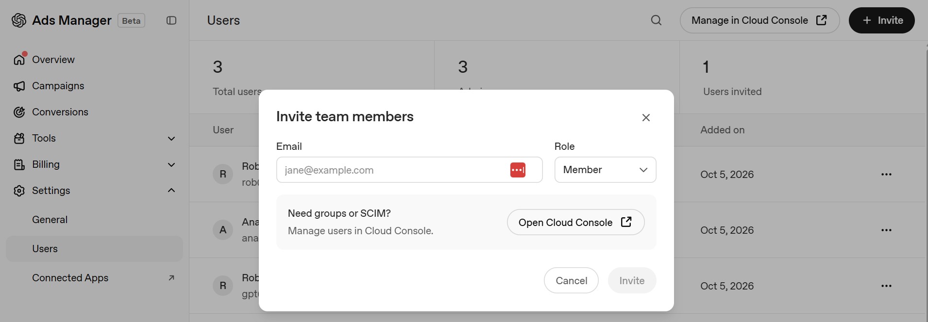 OpenAI Ads Manager users settings page with an invite button