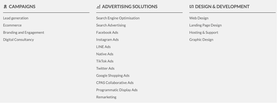 Website navigation menu grouped into Campaigns, Advertising Solutions and Design and Development