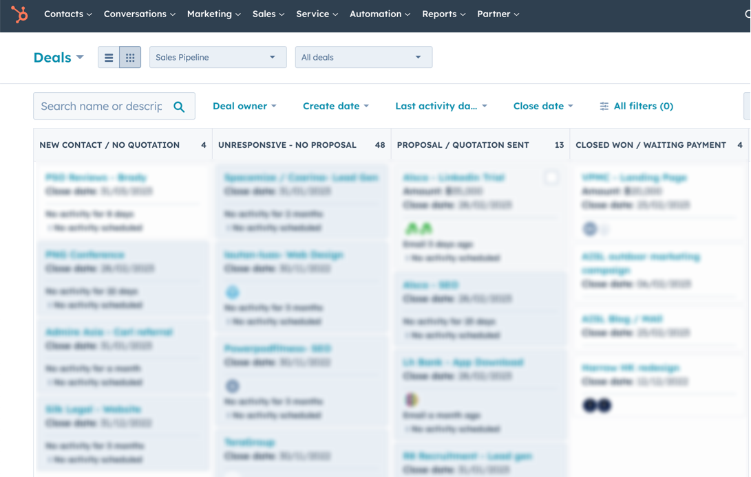 HubSpot CRM sales pipeline showing deals grouped by stage