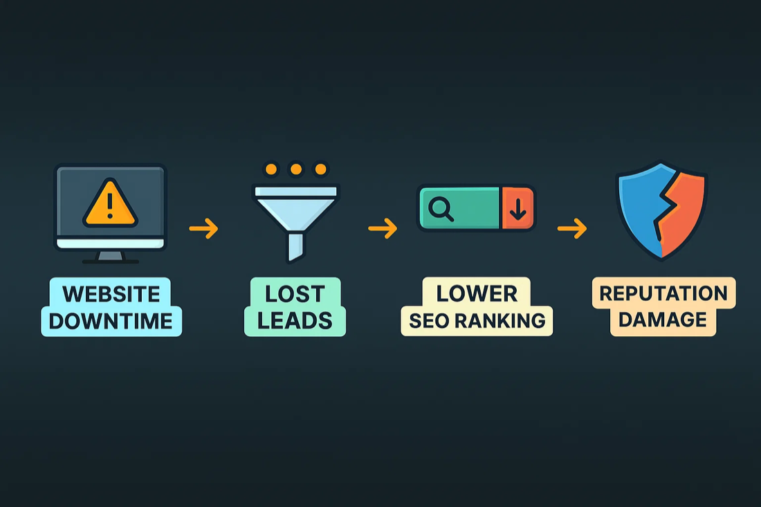 Diagram of DDoS consequences: website downtime, lost leads, lower SEO ranking and reputation damage