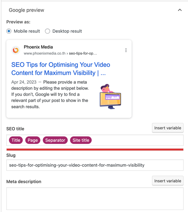 Yoast SEO fields for editing the title tag and meta description in WordPress
