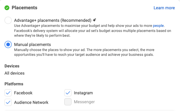Placement settings in Meta Ads Manager showing Facebook, Instagram, Audience Network and Messenger options