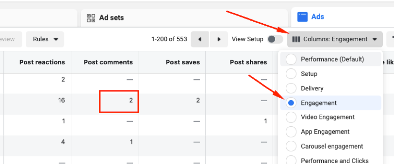 Meta Ads Manager with the Engagement column set showing post comments on each ad