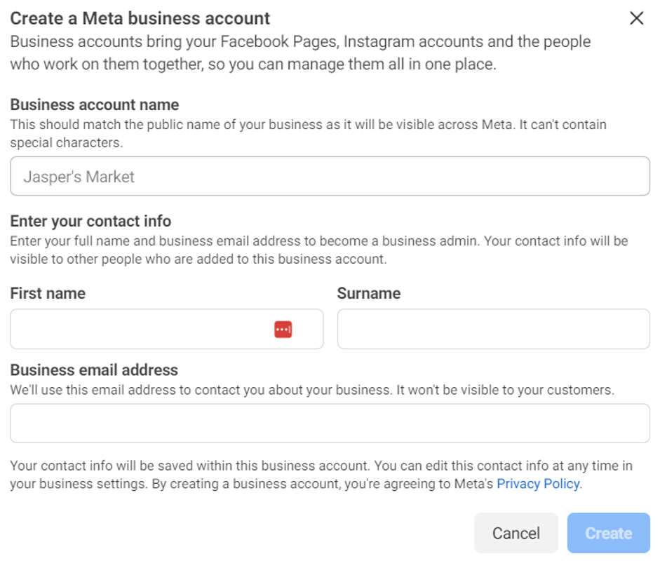 Facebook Business Manager account creation form with business name, name and email fields