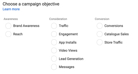 Facebook campaign objectives in Meta Ads Manager grouped by Awareness, Consideration and Conversion