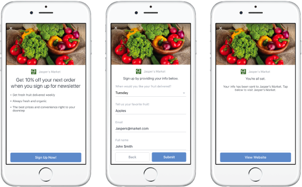 Facebook Instant Lead Form shown across three phone screens: offer, form fields and thank-you