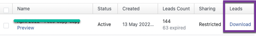Meta Business Suite Forms Library row with a Download link for leads