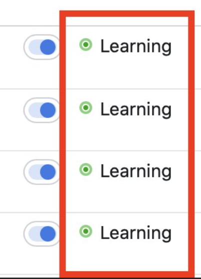 Meta Ads Manager Delivery column showing the Learning status on ad sets