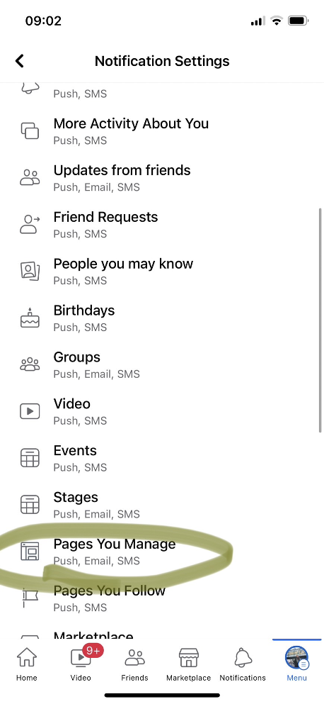 Facebook mobile app Notification Settings showing the Pages You Manage option