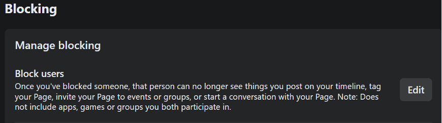 Facebook Page settings Manage blocking panel with a Block users option