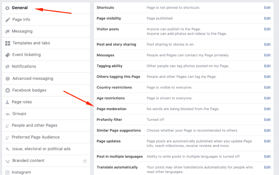 Facebook Page general settings showing Page moderation and Profanity filter options