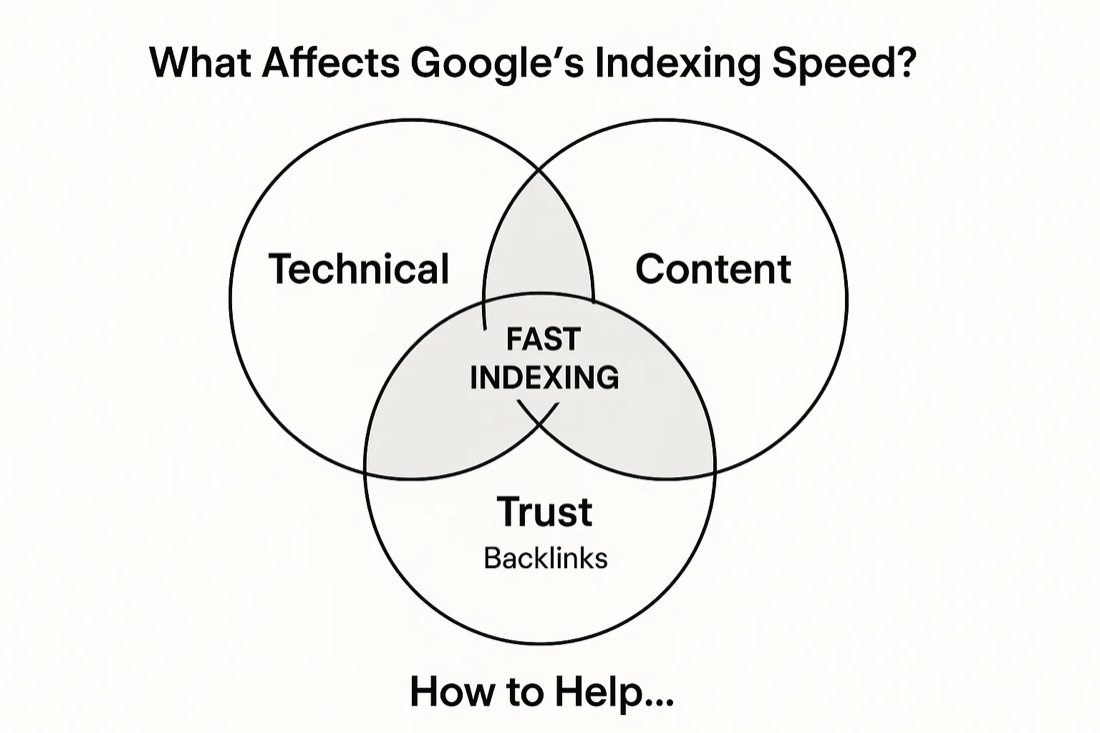 Venn diagram of technical, content and trust factors that combine for fast Google indexing