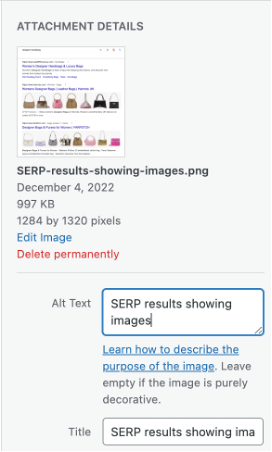 WordPress media attachment panel showing the Alt Text field for an image