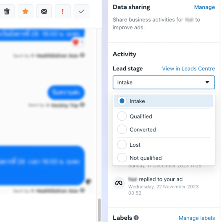 Facebook Messenger lead conversation in Meta's inbox with a lead stage panel