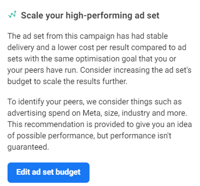 Meta Ads Manager showing a recommendation on a campaign or ad set