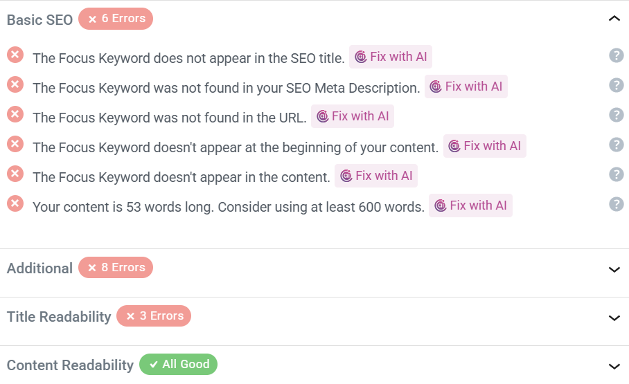 Screenshot of the Rank Math SEO meta box in the WordPress editor showing title, meta description, focus keyword and analysis scores.