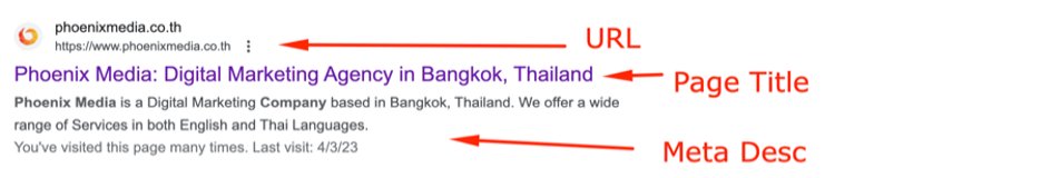 Google search result showing the title tag as the headline and the meta description below