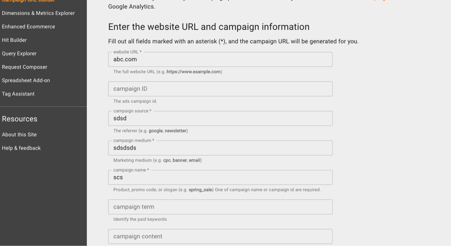 Google Campaign URL Builder form with website URL, source, medium and campaign name fields