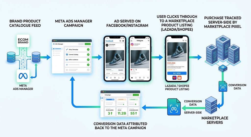 Flow diagram showing a Collaborative Ads campaign linking from Meta Ads Manager through to a marketplace product listing and back with server-side conversion tracking