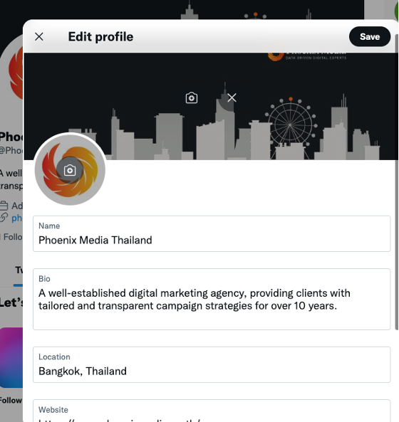 X (Twitter) Edit profile screen with name, bio, location and website fields
