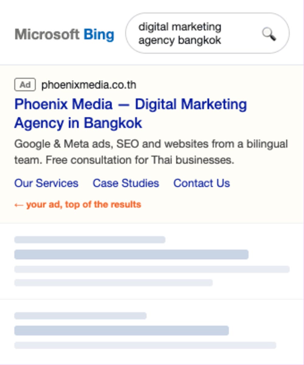 Phoenix Media ad at the top of Microsoft Bing search results