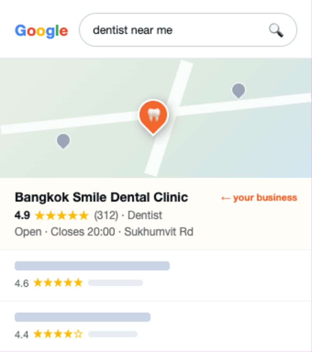 Google local pack result for a Bangkok dental clinic, highlighting the client's business