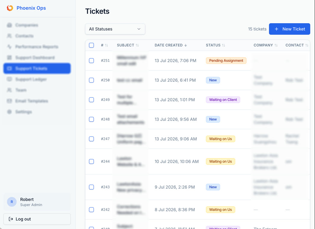 Phoenix Ops support-ticket dashboard, a custom web app built by Phoenix Media